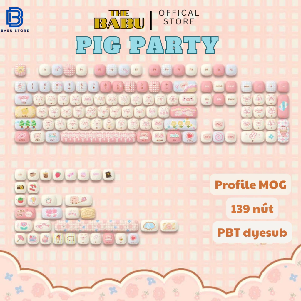 AKKO Keycap set – Piggy Party Cute (PBT Dye-subbed / MOG profile / 139 nút)