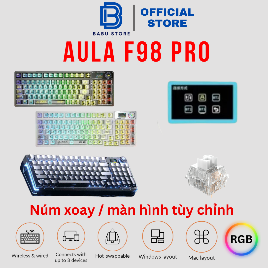 Bàn Phím Cơ Không Dây, phím gaming Aula F98 PRO 3-mode Hotswap Led RGB - Màn hình