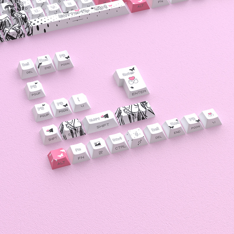 Keycap Butterfly girl hồng trắng xuyên led side print cherry profile - pbt - chủ đề wibu cao cấp